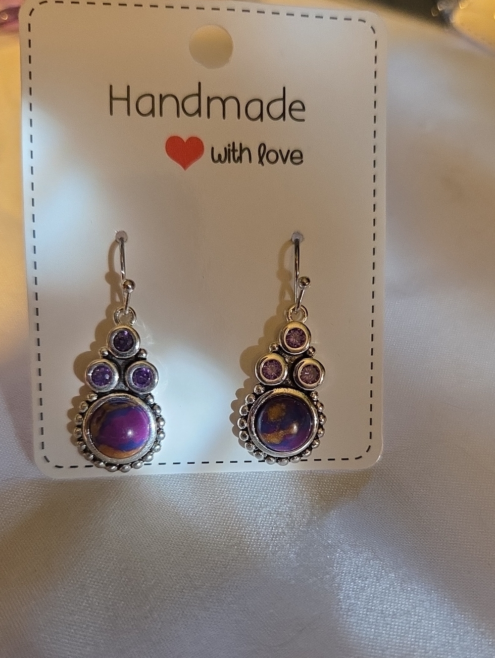 Handmade Purple Drop Earrings with Silver Accents